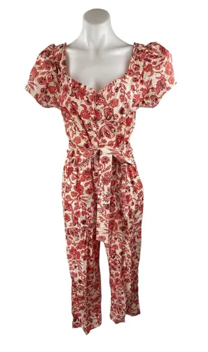 Find Me Now Red Floral Short Puff Sleeve Smocked Tie Waist Crop Jumpsuit Size M thumbnail 1
