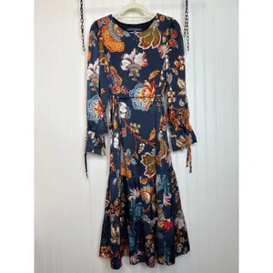 Julia Jordan Floral Print Tie Waist Tiered Midi Dress Blue Multi Drawstring M thumbnail 2