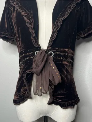 Y2K Vintage Chocolate Brown Velvet Ruffle Collar Tie Front Fairy Grunge Top thumbnail 2
