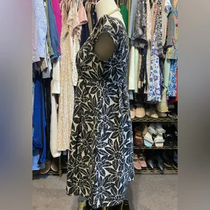 MICHAEL KORS Black & Tan Floral Linen Cap Sleeve Empire Waist Dress thumbnail 2