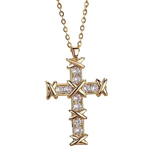 NEW Unisex 18k Gold Filled Plated Simulated‎ Diamond Cross Necklace, 16-18” thumbnail 2