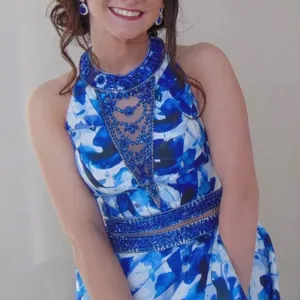 Rachel Allen Blue Floral Beaded Two-Piece Prom Dress thumbnail 1