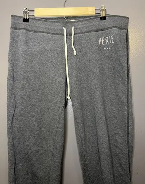 Aerie Sweatpants Womens Large Gray French Terry Jogger Lounge Cuffed Drawstring thumbnail 1