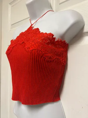 Red Intense Lace Ribbed Cropped Top thumbnail 3