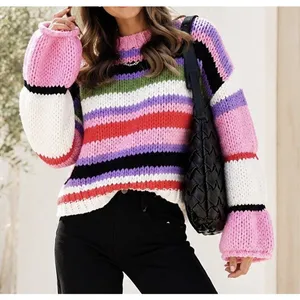 BiBi Sweater M Chunky Knit Striped Bell Sleeve Crop Pullover Colorful Boho NWT thumbnail 1
