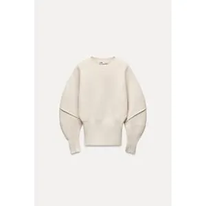 Zara Sweater Womens Small Cream Balloon Sleeve Cropped Ribbed‎ Knit Pullover thumbnail 3