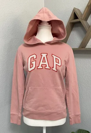 Gap Pink White Embroidered Hoodie Long Sleeve Pullover Kangaroo Pocket thumbnail 1