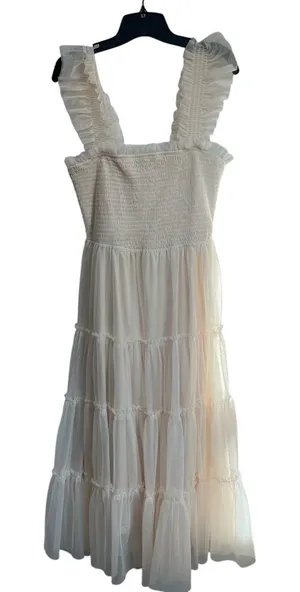Baltic Born White‎ Smocked Midi Dress Ruffle Boho Cottagecore Romantic L thumbnail 1