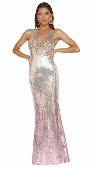 Hello Molly - NWT Diamond Entrance Pink Gold Sequin Halter Maxi Dress Size S thumbnail 1