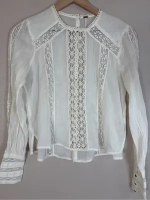 Free People Without You Lace Crochet Panel Ivory Peasant Blouse XS $148 thumbnail 7