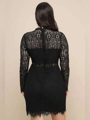 Lulu's Black Lace Long Sleeves Midi Dress with Scalloped Hem. thumbnail 4