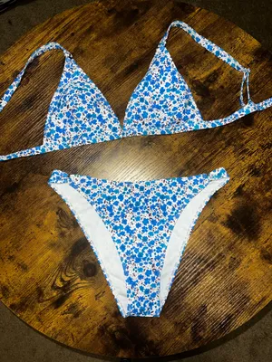Shein Bikini Set Blue Floral White thumbnail 1