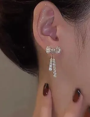 Crystal Bow Silver Earrings- Gift Wrap, Present, Cute Women's Jewelry, Christmas thumbnail 7