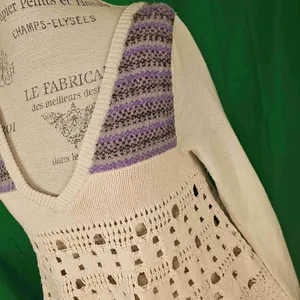 Free‎ People Womens Cream & Purple Deep V Neck Wool Blend Knit Sweater Large thumbnail 3
