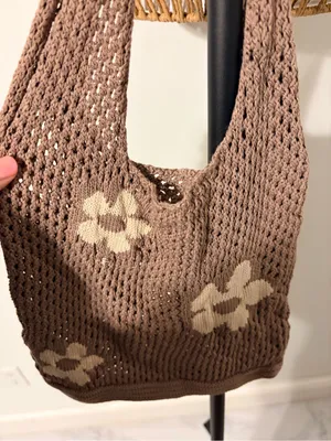 Brown Crochet Shoulder Bag with Cream Floral Details thumbnail 3