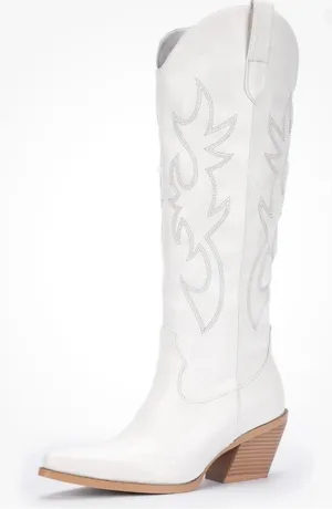Women's White Western Cowboy Cowgirl Knee-High Boots Pointed Toe Embroidered - 9 thumbnail 1
