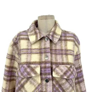 Zara Cropped Plaid Jacket Shacket Purple Cream‎ Size Large thumbnail 4