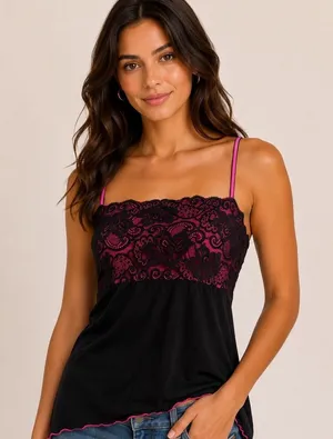 Kiwi Camisole Top Large Black Magenta Lace Overlay Adjustable Straps Y2K thumbnail 1