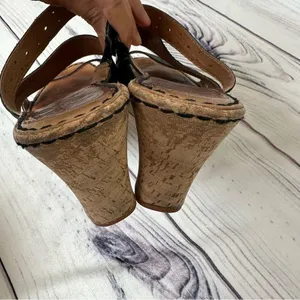 BORN Cork 3” Wedge Heel Strappy Slip-On Black Leather Sandals Sz‎ 10 Platform thumbnail 3
