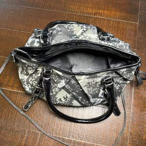 Floral Plaid Check Satchel Bag‎ Black White Patent Trim Purse Tote Crossbody thumbnail 15
