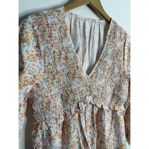NEW‎ Floral Smocked Babydoll Dress V-Neck Cottagecore Boho Mini Medium Whimsical thumbnail 5