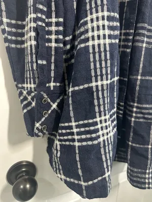 Free People Oversized Navy & White Flannel Plaid Button-Up Shirt thumbnail 5