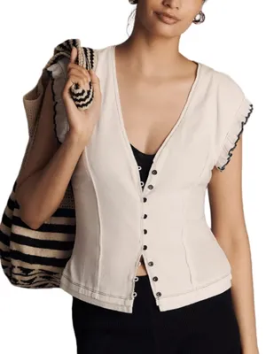 Anthropologie Maeve Short-Sleeve V-Neck Button-Front Top - White L NWT thumbnail 2
