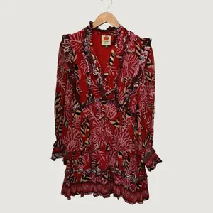 Farm Rio Red Tropical Tapestry Ruffle Tiered Mini Dress XS Floral Long Sleeve thumbnail 2