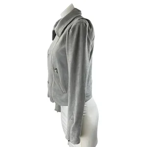 Olivaceous Women's Gray Faux Suede Collar Asymmetric Zip Up Moto Coat Jacket M thumbnail 2