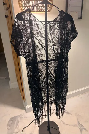 Black Lace Fringe Mini Dress Cover-Up thumbnail 1
