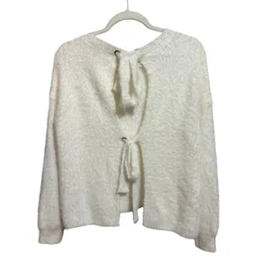 Addie Fuzzy Eyelash Knit Sweater Ivory Tie Back‎ Medium thumbnail 4