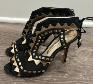 Sophia Webster Riko Black Suede Rose‎ Gold Geometric Peep Toe Stiletto Heels 8 thumbnail 1