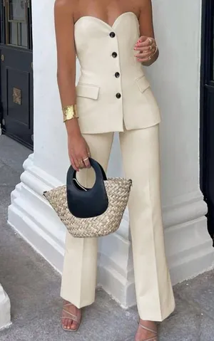 Commense Solid Tube Top With Wide Leg Pants Set size small thumbnail 1