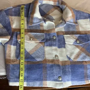 Plaid Print Drop Shoulder Crop Overcoat Size Large Blue thumbnail 11