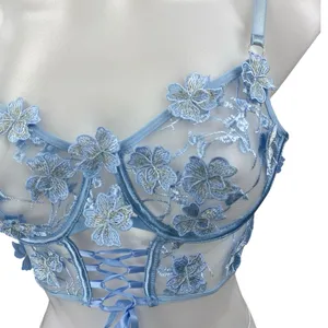 Blue Floral Lace Sleeveless Sheer Cami Camisole Crop Corset Lingerie Tank Top M thumbnail 3