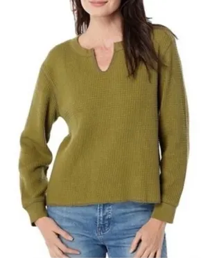 Madewell Womens Olive Green Waffle Knit Notch Neck Thermal Top Size Medium thumbnail 1