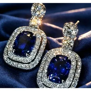 Blue Sapphire and Diamond Halo Drop Earrings thumbnail 2