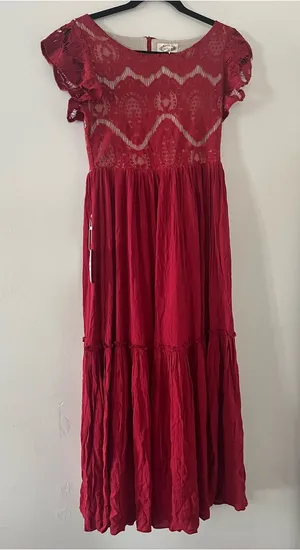 NWT Red Lace Tiered Maxi Dress 14 Flutter Sleeve Romantic Cottagecore Wedding thumbnail 1