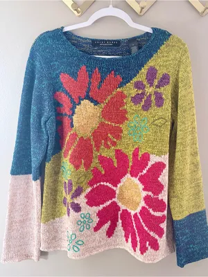 Y2K Floral Knit Sweater Daisy Patchwork Crazy Horse Medium Blue thumbnail 1