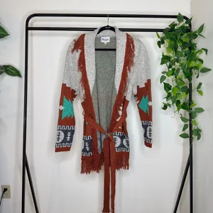 Wrangler Boho Western Aztec Print Fringe Belted Cardigan size XL thumbnail 4