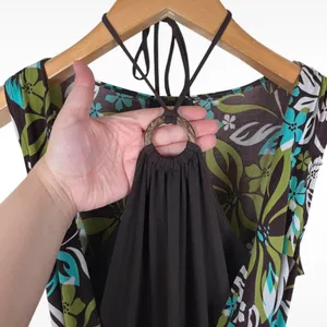 Vintage Y2K A. Byer Womens Size Medium Drop Waist Brown Teal Floral Halter Dress thumbnail 2