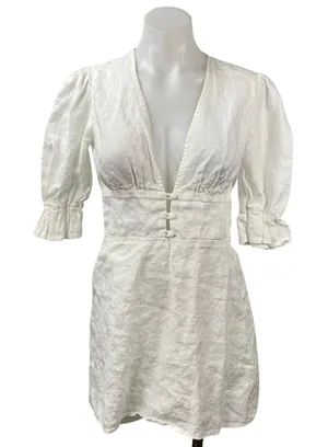 Reformation Simi 100% Linen Womens White V-neck Short Puff Sleeeve Mini Dress 4 thumbnail 1