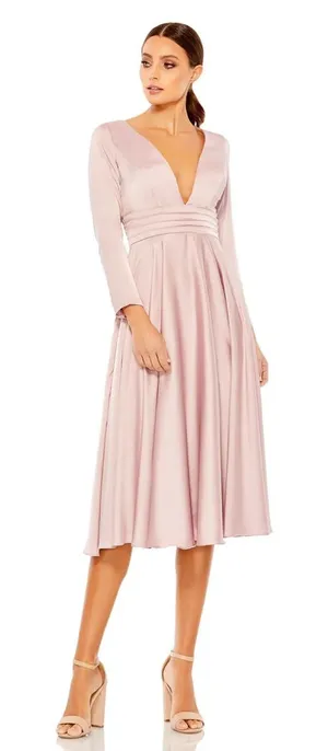Mac Duggal Pink Satin Velvet Long Sleeve V-Neck‎ Midi Cocktail Formal Dress- NWT thumbnail 1