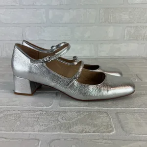 Madewell The Nettie Heeled Mary‎ Jane Womens 8.5 Bright Silver Metallic Leather thumbnail 3