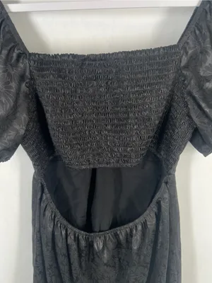 Title: Altar’d State Black Satin Floral Puff Sleeve Open Back Mini Dress M thumbnail 6