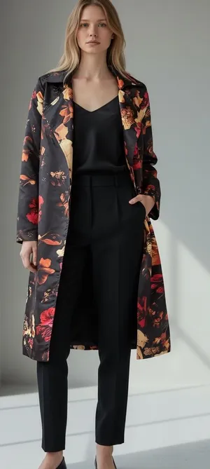 Floral Print Long Trench Coat - Black with Red & Gold Accents thumbnail 1