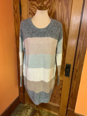 Entro Colorblock Sweater Dress Medium Soft Knit Cozy Neutral Striped Long Sleeve thumbnail 7