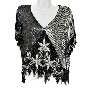 Vtg Scala Beaded Sequin Top Black Silver Embellished Blouse Size Large thumbnail 3