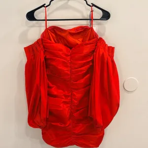 Bardot Marissa Mini Dress Red Ruched Taffeta Off Shoulder Balloon Sleeve XS NEW thumbnail 3
