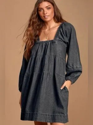 FREE PEOPLE Lou Jean Babydoll Dress in Black Grey Denim Oversized Boho Sz. S thumbnail 3